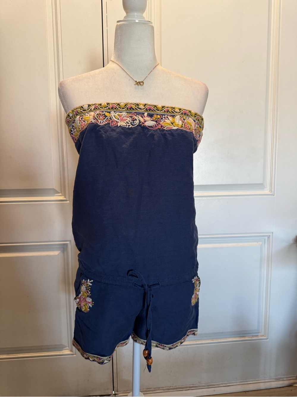 Miss Me Navy Textured Dress with Cream Logo Patch embroidered floral